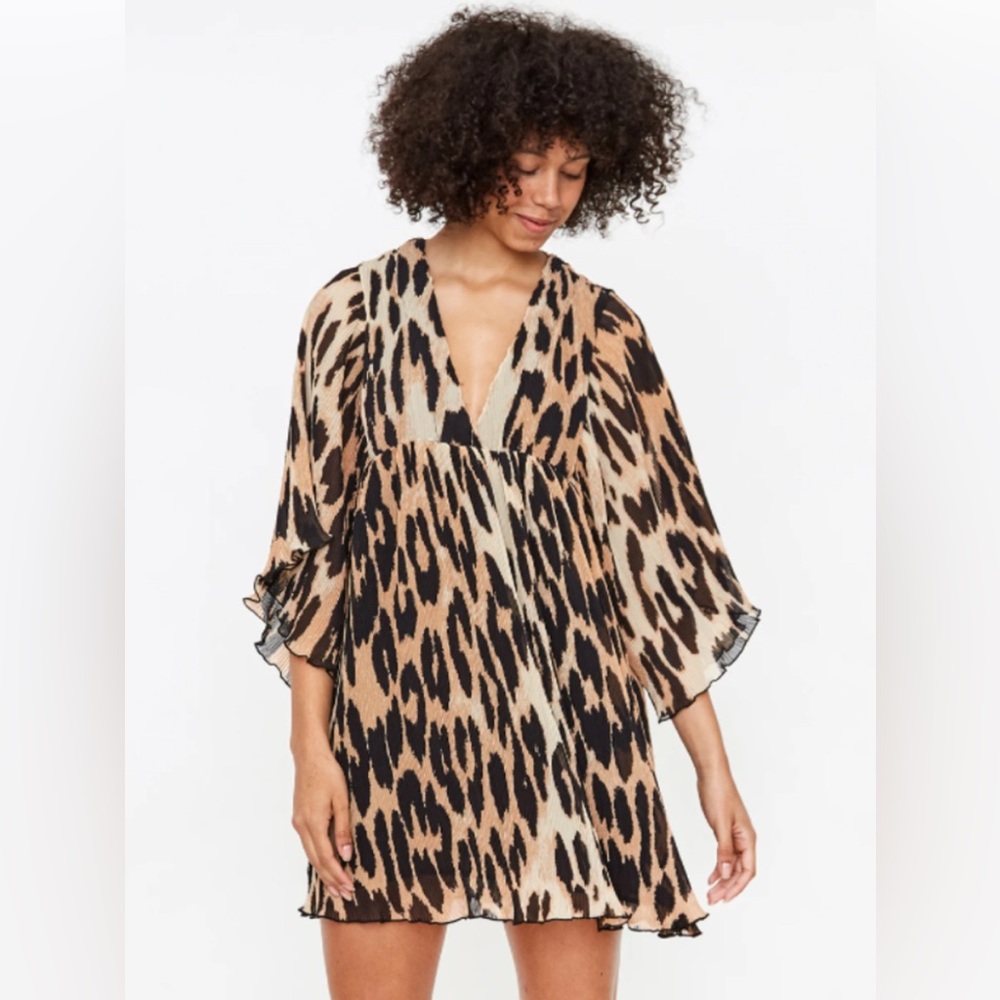 NWT Ganni Leopard Printed Georgette Pleated Mini Dress